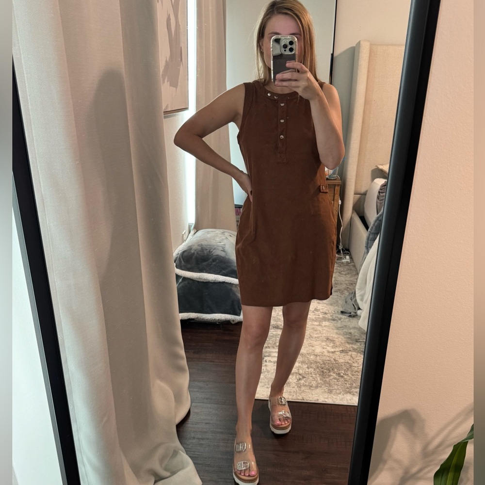 State Sleeveless Brown Faux Suede Henley Dress - Picture 9 of 10